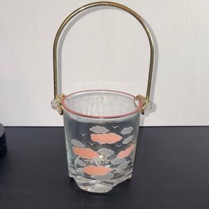 Glass Ice Bucket with Pink Gray Clouds Seagulls Made In Italy Gold Metal Handle